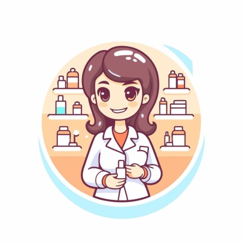 Cute cartoon woman pharmacist character. Vector illustration in