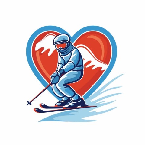 Skiing man with skis and heart. vector illustration.