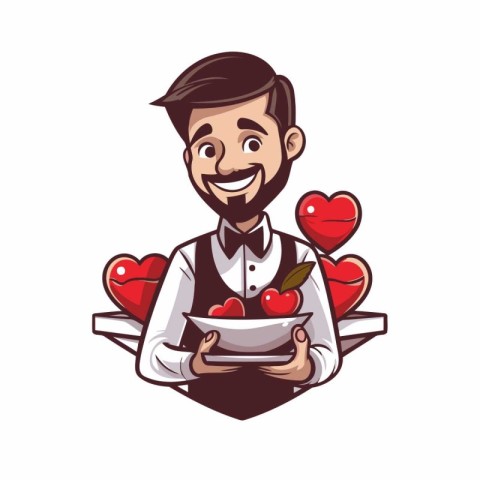 Vector illustration of a waiter holding a plate full of cherries