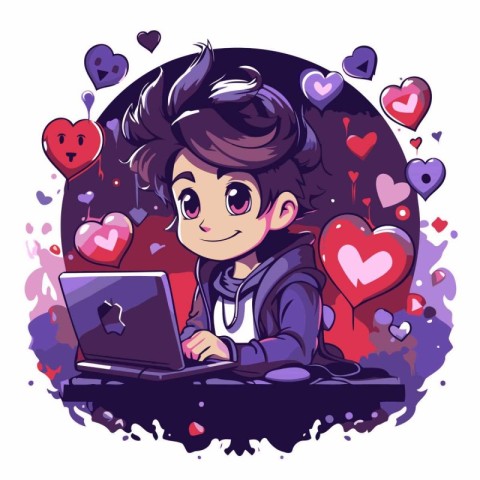 Cute girl with laptop and hearts. Vector illustration in cartoon