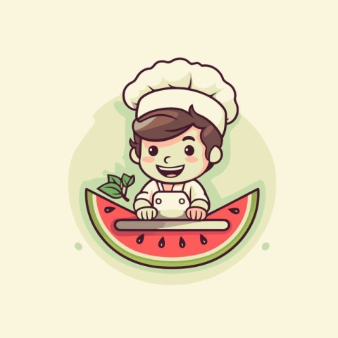 Cute cartoon chef holding a slice of watermelon. Vector illustra