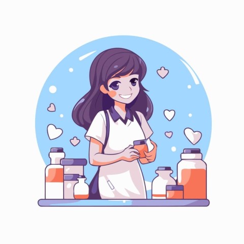 Young woman pharmacist holding a jar of pills. Vector illustrati