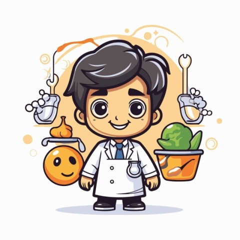 Vector illustration of a boy in a lab coat holding a mortar and