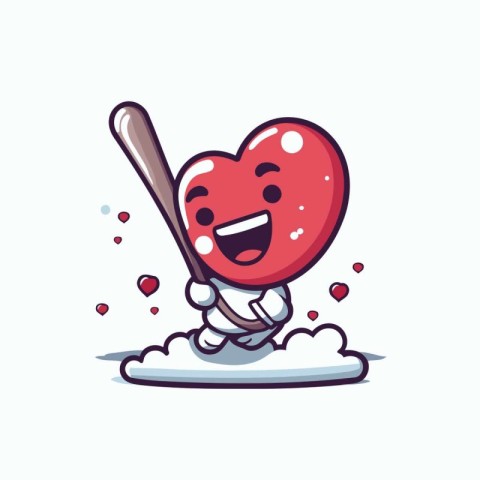 Cute cartoon heart character holding a baseball bat. Vector illu