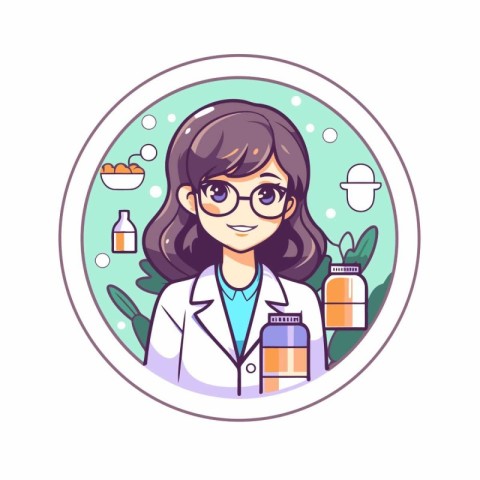 Female doctor in round badge. Vector illustration in cartoon sty