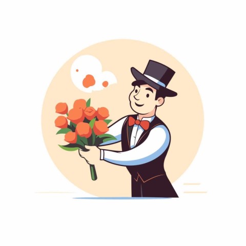 Gentleman with bouquet of roses. Vector illustration in cartoon