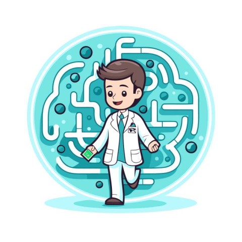 Funny boy in lab coat and lab coat with a maze. Vector illustrat