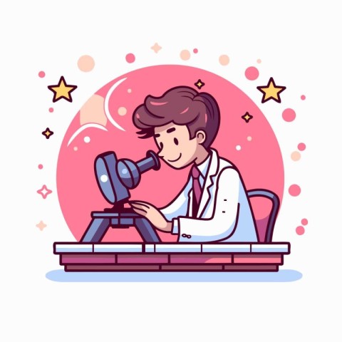 Scientist working with microscope. Vector illustration in flat c