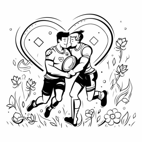 Rugby players in love. Black and white vector illustration.