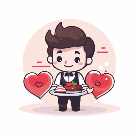 Cute boy holding a plate of cake and hearts. Vector illustration