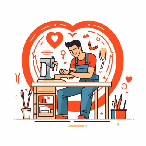 Vector illustration in flat line style - man making coffee in ca