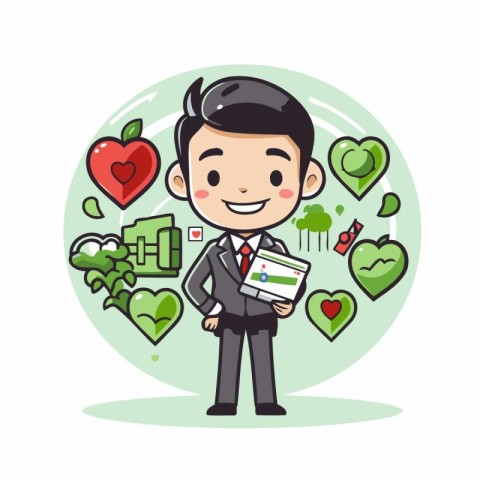 Businessman holding tablet computer with love heart. Vector Illu