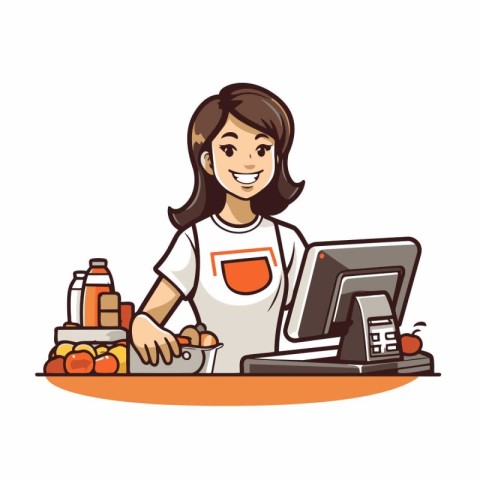 Smiling woman in apron cooking in the kitchen. Vector illustrati