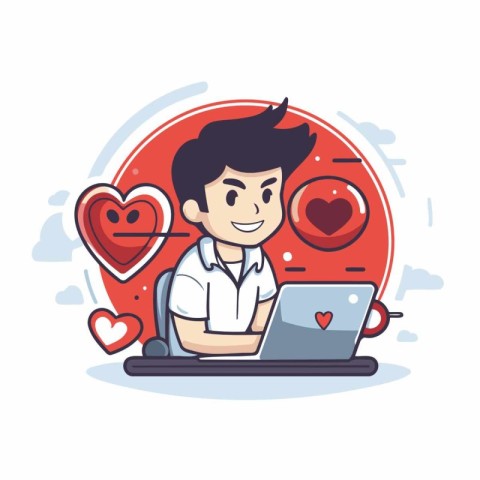 Young man with laptop and heart. Vector illustration in cartoon