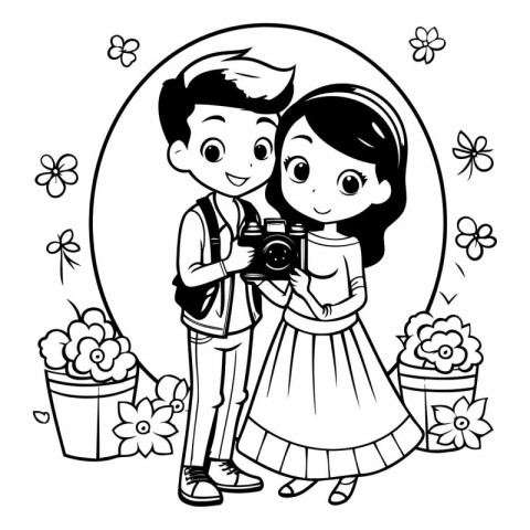 Boy and girl taking pictures with a camera. black and white vect