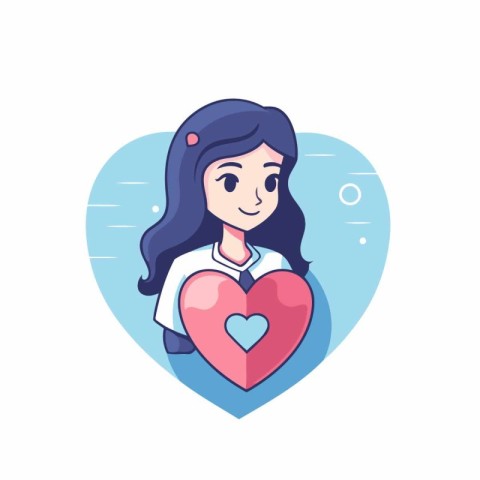 Cute girl with heart in her hand. Vector illustration in cartoon