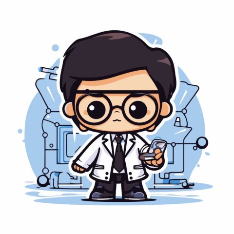 Funny boy scientist in lab coat and glasses cartoon vector illus