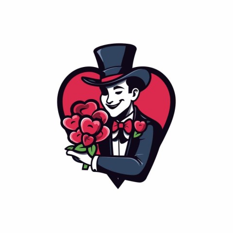 Gentleman with a bouquet of red roses. Vector illustration.