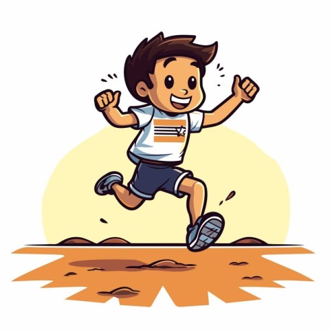 Cartoon boy running on the road. Vector illustration isolated on