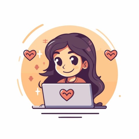 Cute girl with laptop. Vector illustration in flat cartoon style