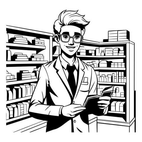 Handsome pharmacist in a drugstore. Black and white illustration