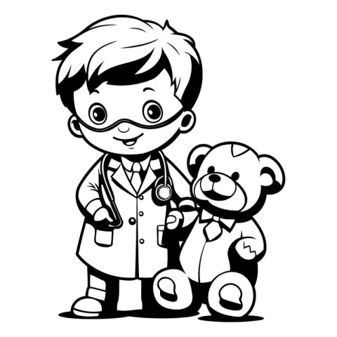 Doctor with teddy bear. Black and white vector illustration for