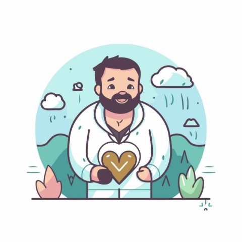 Vector illustration of a man with a beard and a heart in his han