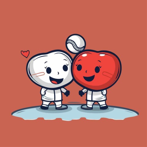 Cute couple of astronauts holding heart and baseball ball. Vecto