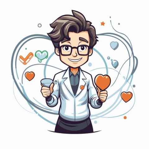 Vector illustration of a doctor holding a syringe and a heart.