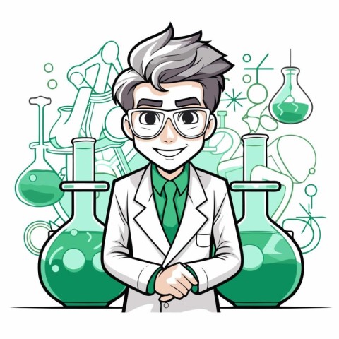 Scientist with chemical flasks. Vector illustration in cartoon s