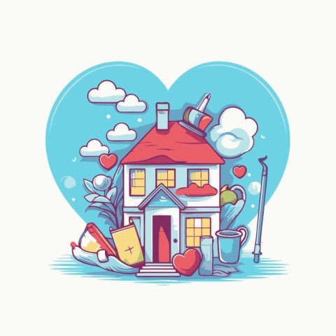 Cute house with a heart in the background. Vector illustration.