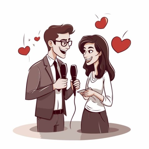 Illustration of a man and a woman in love with a microphone