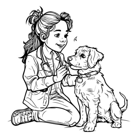 Vector illustration of a girl veterinarian with a dog. Cartoon s