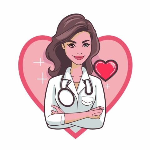 Female doctor with stethoscope and heart. Vector illustration in