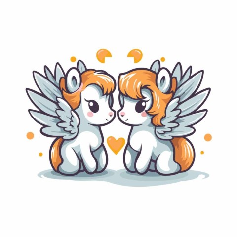 Cute couple of cute little unicorns with wings. Vector illustrat