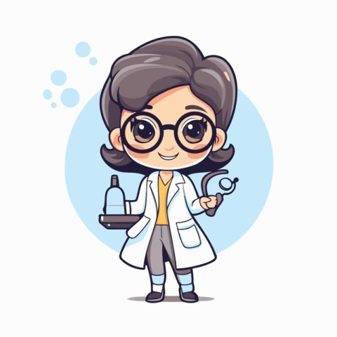 Scientist girl with microscope and stethoscope. Vector illustrat