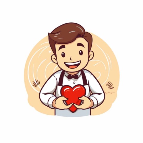 Vector illustration of a young man holding a red heart in his ha