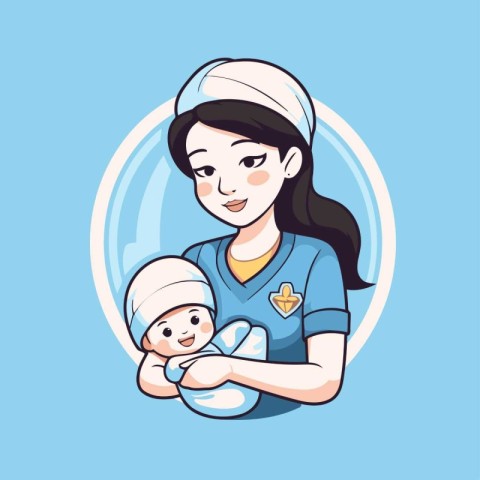 Nurse with baby in her arms. Vector illustration in cartoon styl