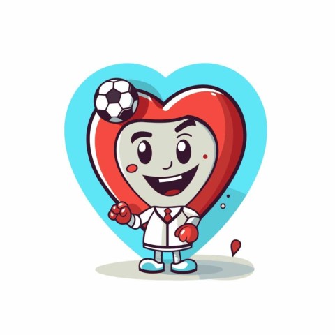 Cute cartoon heart character playing soccer with ball vector Ill