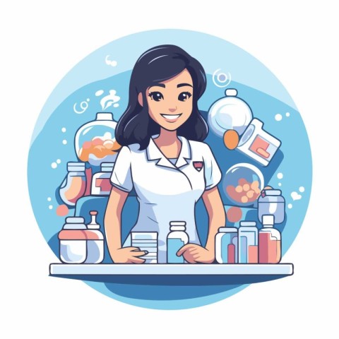 Vector illustration of a young female pharmacist in uniform stan