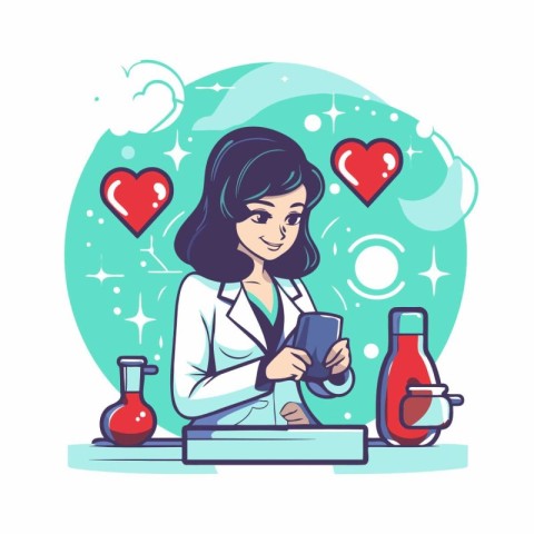 Vector illustration of a beautiful female doctor using a tablet