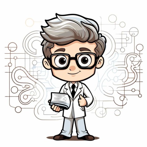 Vector illustration of a boy in glasses and a lab coat holding a