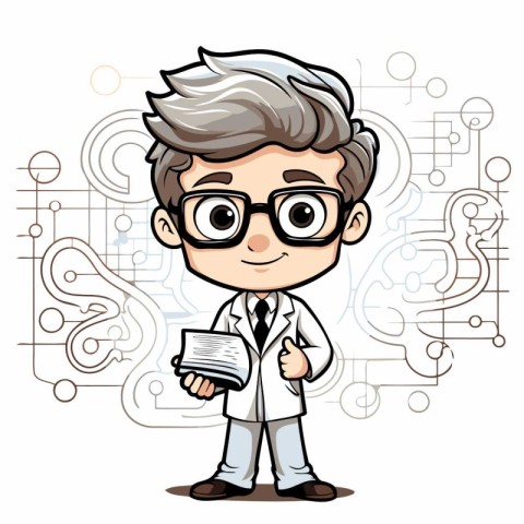 Vector illustration of a boy in glasses and a lab coat holding a
