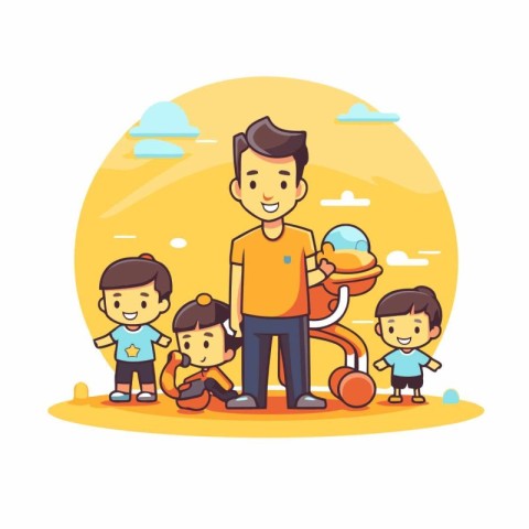 Father with his children on the playground. Vector illustration