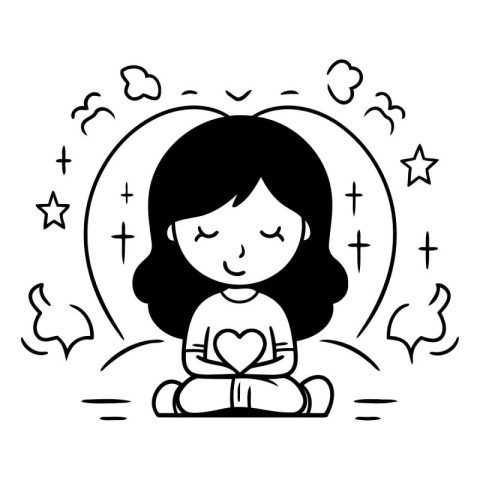 cute little girl in lotus position with heart vector illustratio