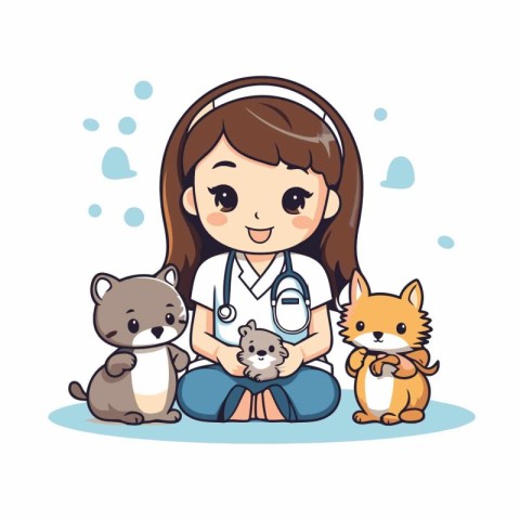 Veterinarian girl with cat and dog cartoon vector illustration g