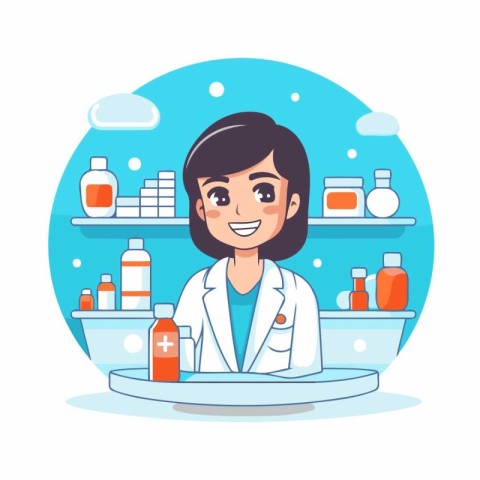 Smiling female doctor in white coat standing in bathtub. Vector