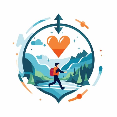 Vector illustration of a man running in the mountains in a heart