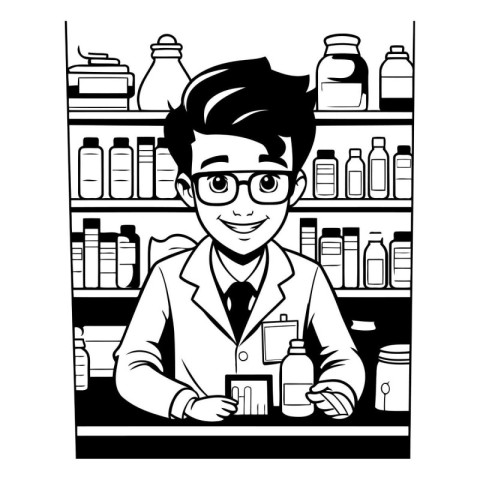 Man pharmacist cartoon in black and white. vector illustration g