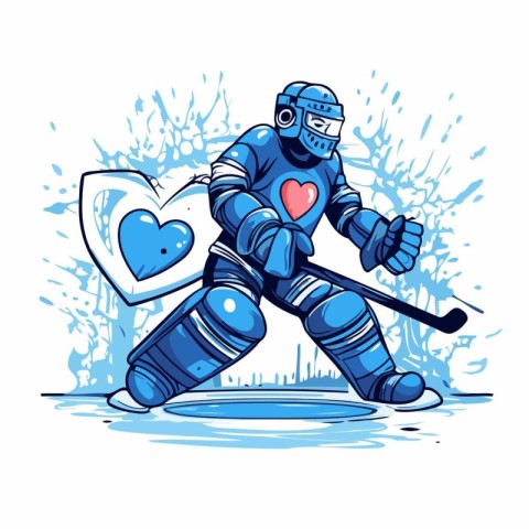 Ice hockey player with shield and heart in his hand. Vector illu